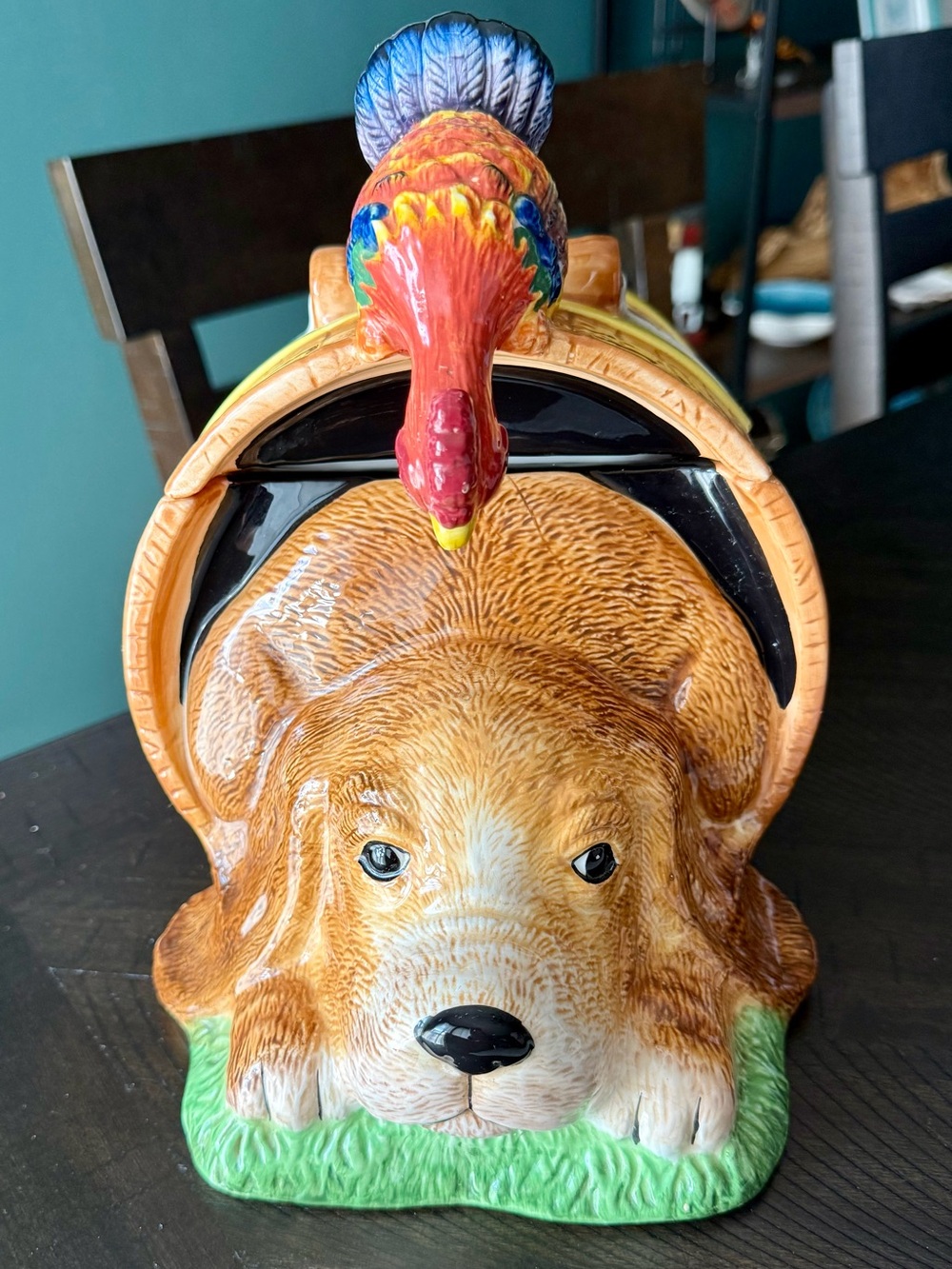Vintage CKAO Ceramic Farmhouse Cookie Jar Dog in Wooden Barrel with Rooster Lid